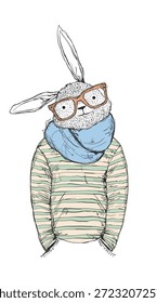 Lindo conejo hipster dibujado a mano con gafas y bufanda. Personaje de conejito de moda en ropa casual. Ilustración vectorial de estilo de boceto para carteles, ropa, impresiones, pegatinas, marca.