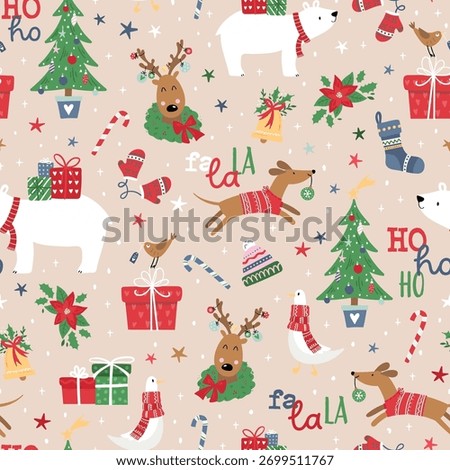 Cute hand Drawn Holiday Seamless Vector Pattern. Christmas Elements, doodle style Background. Simple Style Design  - great For Textile, Wallpaper,  Wrapping Paper
