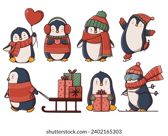 Cute hand drawn holiday winter penguin illustrations. Valentine's Day isolated vector penguin set.