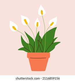 Cute hand drawn home plant in ceramic pot. Peace lily flower for interior decor. Cartoon vector illustration