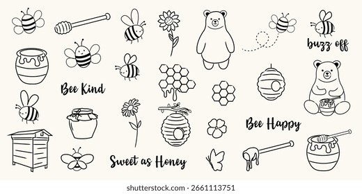 Linda mano dibujada miel y garabatos de abeja. Conjunto de ilustración de arte de línea de Vector. Perfecto para manualidades infantiles, etiquetas, tarjetas de felicitación, decoración de vivero y empaques ecológicos.