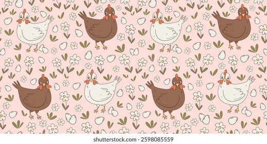 cute hand drawn horizontal cartoon hen and easter eggs in the meadow with daisy flowers seamless vector pattern background illustration
