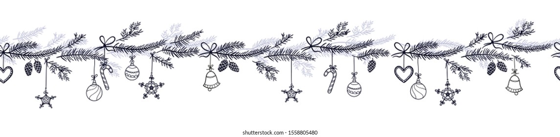 Cute hand drawn horizontal seamless pattern with fir branches and hanging decoration, great for christmas banners, wallpapers, wrapping, textiles - vector design