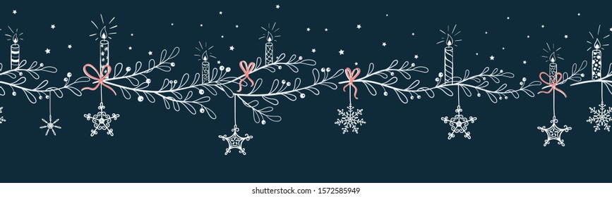Cute hand drawn horizontal seamless pattern with candles, branches and christmas decoration - x mas background, great for textiles, banners, wallpapers - vector design
