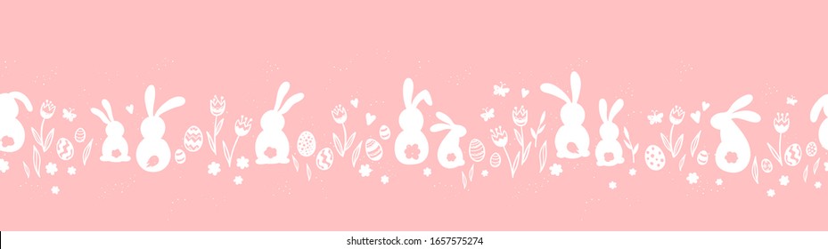 Cute hand drawn horizontal seamless pattern with bunnies, easter eggs, flowers and butterflies, great for banners, wallpapers, websites, cards - vector design