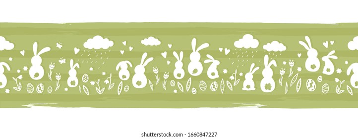 Cute hand drawn horizontal seamless pattern with bunnies, easter eggs, flowers and butterflies, great for banners, wallpapers, websites, cards - vector design