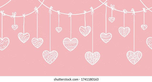 Corta mano dibujada horizontalmente sin costura garland corazones de garabatos, corazones colgantes, grandiosos para diseños de San Valentín o Día de la Madre, banners, fondos de pantalla - diseño vectorial