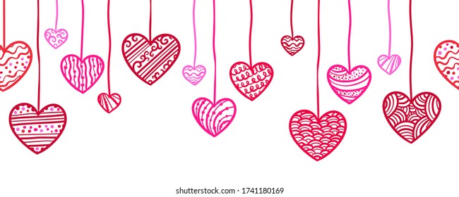 Cute hand drawn horizontal seamless doodle hearts garland, hanging hearts, great for Valentines or Mother's Day designs, banners, wallpapers - vector design