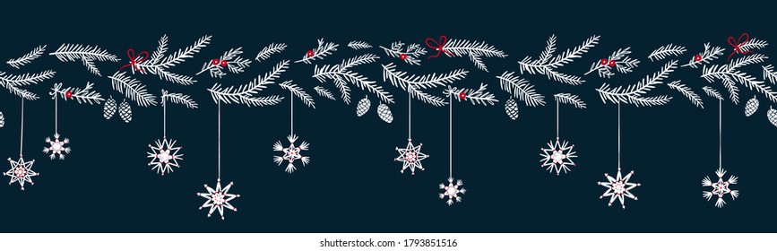 Patrón horizontal sin costuras dibujado a mano con ramas de abeto y decoración colgante, genial para carteles de navidad, papel pintado, envolturas, textiles - diseño vectorial