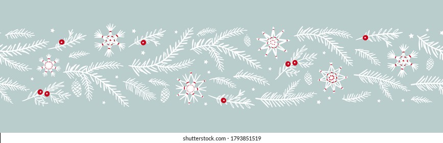 Cute hand drawn horizontal seamless pattern with fir branches and hanging decoration, great for christmas banners, wallpapers, wrapping, textiles - vector design