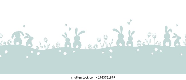 Cute hand drawn horizontal seamless Easter design, silhouette design with bunnies, eggs  and flowers, great for web banners, wallpapers, cards - vector design