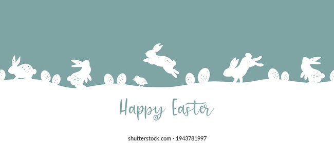 Cute hand drawn horizontal seamless Easter design, silhouette design with bunnies, eggs  and flowers, great for web banners, wallpapers, cards - vector design