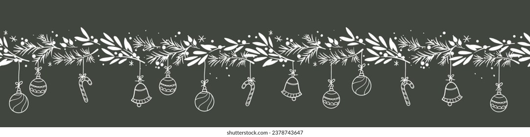 Cute hand drawn horizontal seamless pattern with branches and christmas decoration - x mas background, great for textiles, banners, wallpapers - vector design