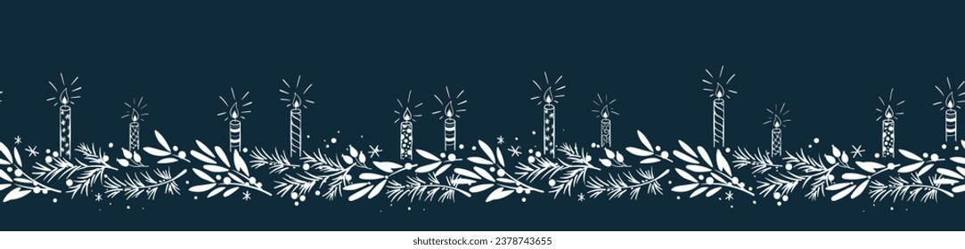 Patrón horizontal sin costuras dibujado a mano con velas, ramas y decoración navideña - fondo de x mas, genial para textiles, pancartas, papel de pared - diseño vectorial