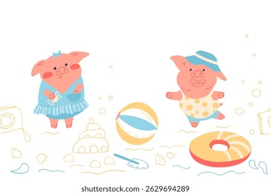 Lindo dibujo a mano Horizontal sin patrón con cerdos. Animales divertidos relajándose en la playa. Anuncio de doodle simple sobre un fondo blanco.