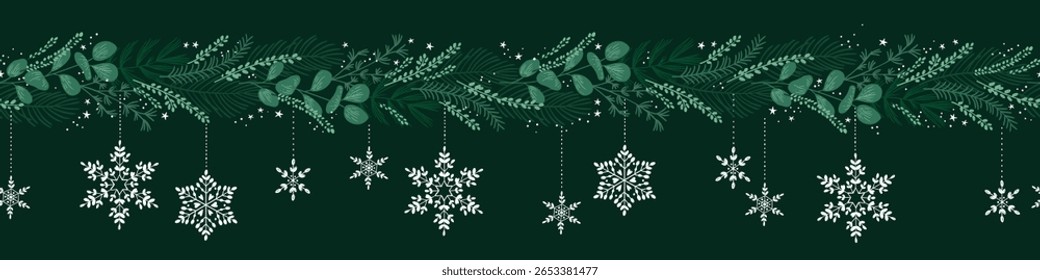 Cute hand drawn horizontal seamless pattern with fir branches and hanging decoration, great for christmas banners, wallpapers, wrapping, textiles - vector design
