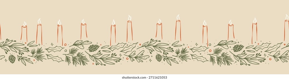 Lindo dibujo a mano Horizontal sin patrón con varias ramas y velas, ideal para Anuncios de Navidad, Fondos de pantalla, envoltura, textiles - diseño de Vector