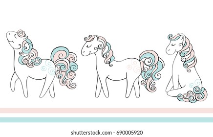 Cute Hand drawn Horses. Vector doodle illustration.