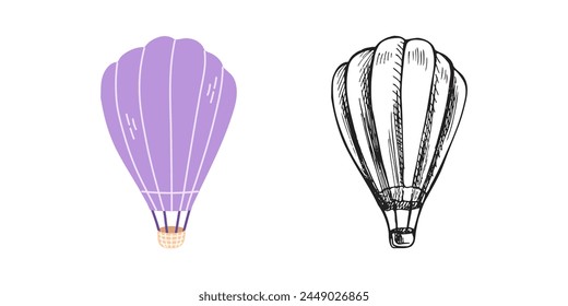Cute hand drawn hot air balloon. Flat and sketch outline vector illustration isolated on white background. Doodle drawing.