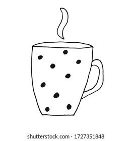 Cute hand drawn hot cup of tea or coffee in doodle style isolated on white background. Positive doodle icon, home element.Coloring page.