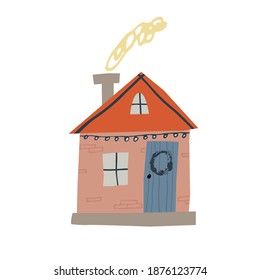 Cute hand drawn house with chimney, garland, wreath on door. Cozy christmas living building with lights. Flat style design for card, postcard. Isolated on white background. Modern vector illustration
