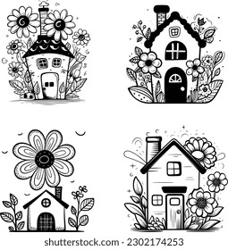 Cute hand drawn house with flowers and plants set.