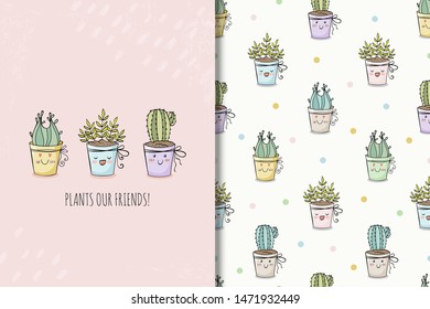 Cute hand drawn house plants in pot.  card  and seamless background pattern set. Hand drawn cartoon design vector illustration. 