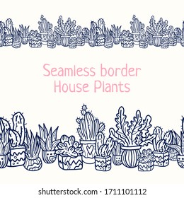 Cute hand drawn house plants in pots in doodle cartoon style isolated on white background.  Quarantine positive doodle icons, home elements.
