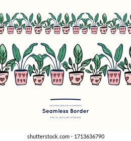 Plantas de casas dibujadas a mano en macetas al estilo de caricatura de doodle aisladas de fondo blanco. Iconos de doodle positivo de cuarentena, elementos domésticos.