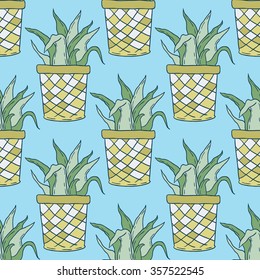 Cute hand drawn houseplants in pots. Seamless vector pattern.