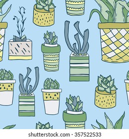Cute hand drawn houseplants and succulents in pots. Seamless vector pattern.