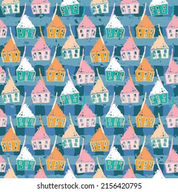 Cute Hand Drawn Houses In Bold Colours On Blue Street Background. Rough Grunge Drawing Seamless Vector Pattern For Kids Wallpaper, Wrapping Paper And Home Decor.