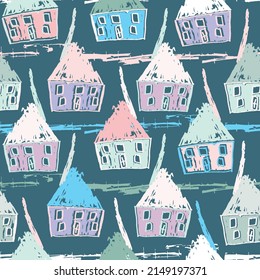 Cute Hand Drawn Houses In Pastel Colours On Blue Background. Rough Grunge Drawing Seamless Vector Pattern For Kids Wallpaper, Wrapping Paper And Home Decor.