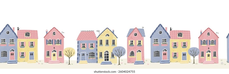 Cute hand drawn houses seamless pattern, french style with lots of fun details, cozy vibe - vector design