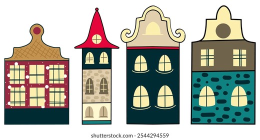 Casas desenhadas à mão bonitas Conjunto, Mão desenhando edifícios ilustração vetorial, Arquitetura, Edifícios Vintage 