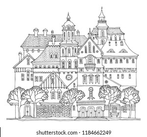 Cute hand drawn houses with windows, doodle housing, vector illustration