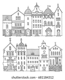 Cute hand drawn houses with windows, doodle housing, vector illustration