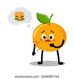 Mão bonito desenhado laranja faminto quer um hambúrguer