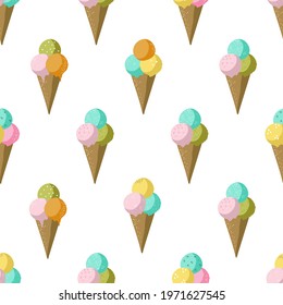 Cute hand drawn ice cones seamless pattern, delicious ice cream background, great for summer textiles, banners, wallpapers, wrapping - vector design