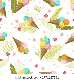 Cute hand drawn ice cones seamless pattern, delicious ice cream background, great for summer textiles, banners, wallpapers, wrapping - vector design