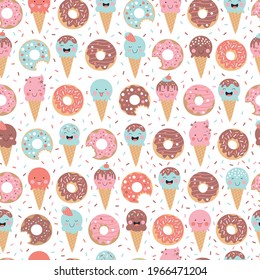 Cute hand drawn ice cream, donuts, cupcakes, candies and sweets seamless pattern background. Creative nursery background. Perfect for kids design, fabric, wrapping, wallpaper, textile, apparel