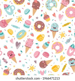 Cute hand drawn ice cream, donuts, cupcakes, candies and sweets seamless pattern background. Creative nursery background. Perfect for kids design, fabric, wrapping, wallpaper, textile, apparel