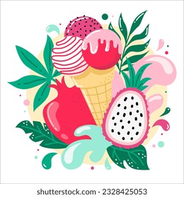 Cute hand drawn ice cream cones with tropical fruits and leaves on round background with splash. Vector illustration blended smoothie for logo, ads, promotion, marketing, banner.