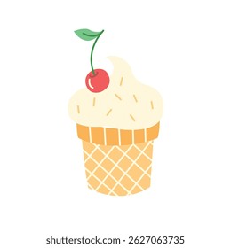 Cute hand drawn ice cream cone with cherry on top. Vector illustration in cartoon style for summer, kids, and dessert-themed designs.