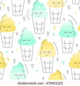 Cute hand drawn ice cream seamless pattern. Sweet food vector background. Delicious summer design. Wrapping, print, wallpaper with frozen tasty treat. Cartoon kid illustration.