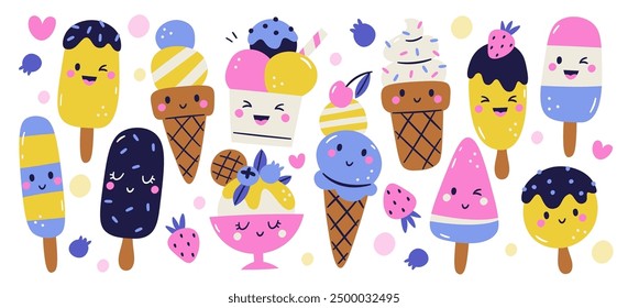 Cute hand drawn ice creams characters with fun happy facial emotions and expressions isolated set. Delicious dessert food, refreshment frozen sweets, colorful summer snacks vector illustration