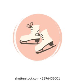 Cute hand drawn ice skates boots icon vector, illustration on pink circle with brush texture, for social media story and highlights