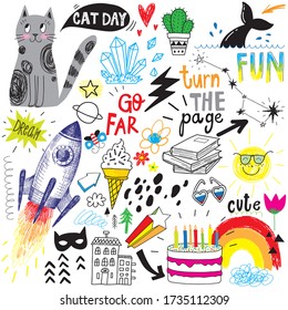 adorable conjunto de doodle dibujado a mano, gato, cohete, helado, arcoiris, sol, torta.