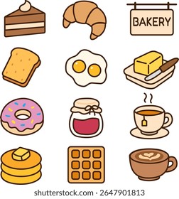 A cute hand drawn icon set of home cafe and bakery items like croissant, cake, toast, latte, waffle, pancake, donut, butter, and tea. Perfect for cafe menus, clipart and print.