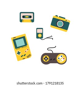 cute hand drawn icon wallapaper. technology. game, camera, console, cassette.